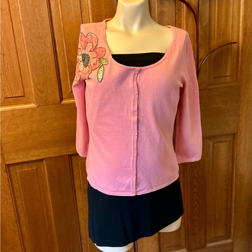 August Silk salmon color Knit Cardigan with beadwork